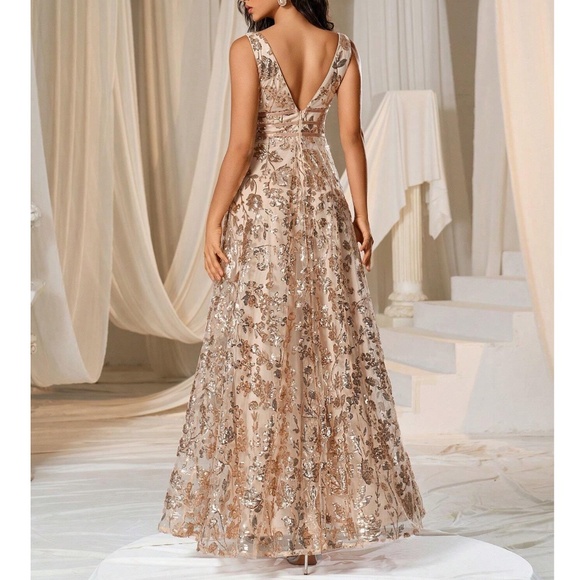 Luxe Floral Sequin Mesh Formal Black Tie Wedding Dress - Picture 7 of 12